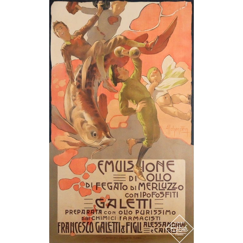 Vintage advertisement poster - Emulsione di olio di fegato di merluzzo - Adolfo Hohenstein - Circa 1895 - 39 by 23.6 inches