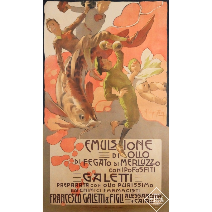 Affiche ancienne de publicité - Emulsione di olio di fegato di merluzzo - Adolfo Hohenstein - Circa 1895 - 99 par 60 cm
