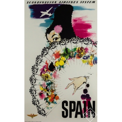Affiche ancienne de voyage - Scandinavian Airlines System Spain Espagne - Don - Circa 1970 - 101 par 62 cm