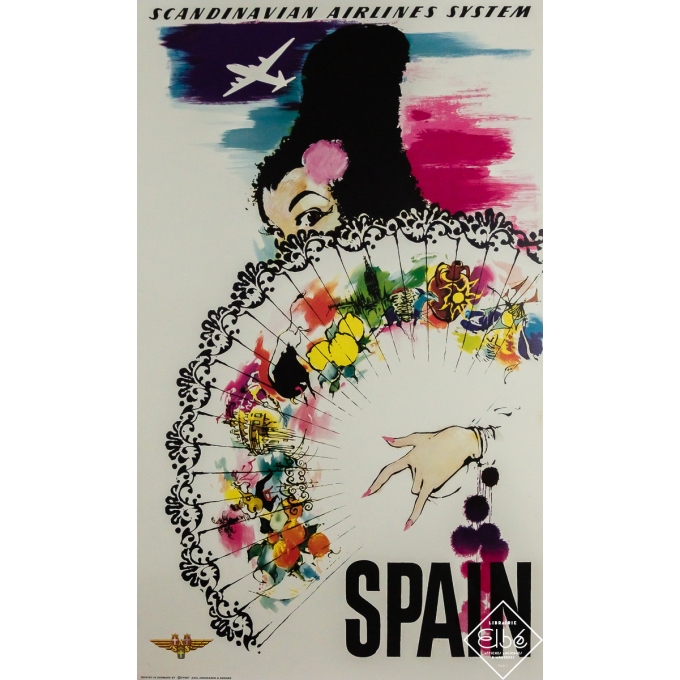 Affiche ancienne de voyage - Scandinavian Airlines System Spain Espagne - Don - Circa 1970 - 101 par 62 cm