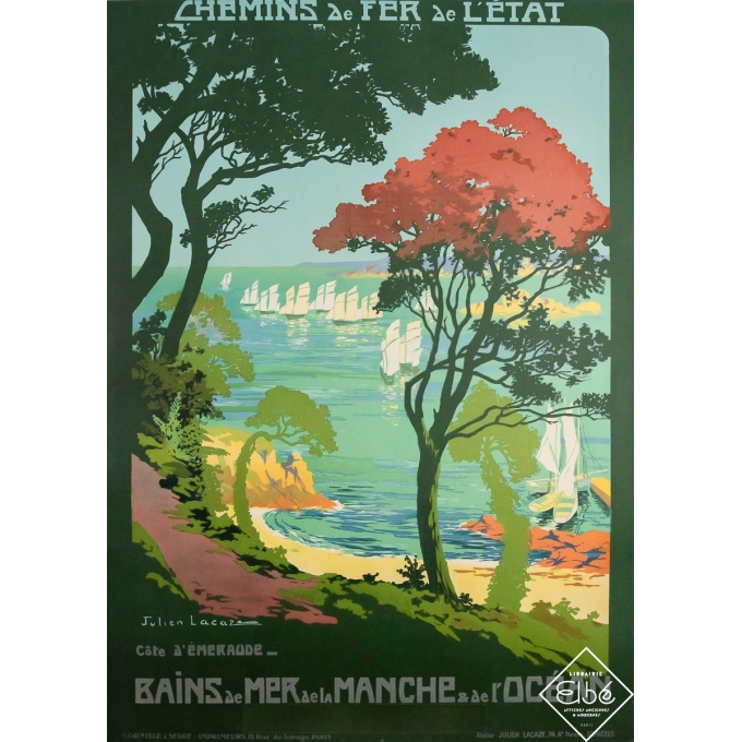 Affiche ancienne de voyage - Bains de mer de la Manche et de l'océan - Côte d'Emeraude - Julien Lacaze - Circa 1920 - 105 par 75
