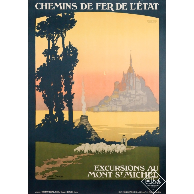 Affiche ancienne de voyage - Excursions au Mont Saint Michel - Constant Duval - Circa 1920 - 105 par 75 cm