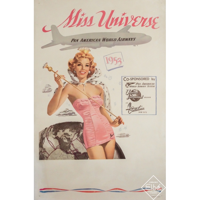 Affiche ancienne originale - Miss Universe - Pan American World Airways - 1953 - 104 par 68 cm