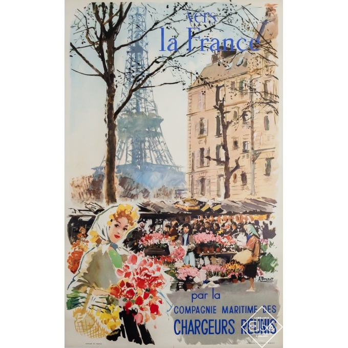 Affiche ancienne de voyage - Vers la France - Chargeurs réunis - Albert Brénet - Circa 1950 - 100 par 62.5 cm