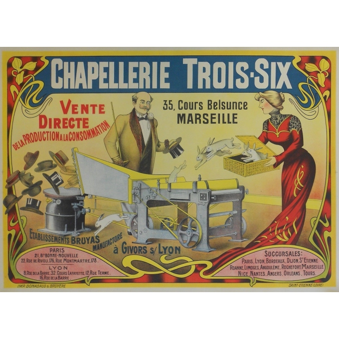 Chapellerie Trois-Six - Affiche originale de publicité pour une marque de chapeaux