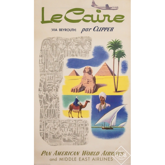 Affiche ancienne de voyage - Le Caire par Clipper - Pan American World Airways -  - 1950 - 101 par 60 cm