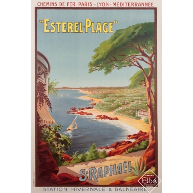 Affiche ancienne de voyage - Saint Raphaël - Esterel plage - Henri Gray - Circa 1910 - 110 par 76 cm