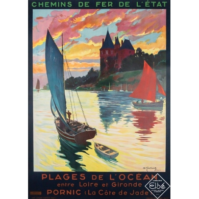 Affiche ancienne de voyage - Pornic Plages de l'océan - Albert Galland - 1929 - 105.5 par 76 cm$