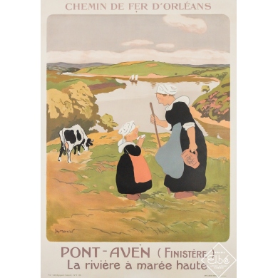 Affiche ancienne de voyage - Pont-Aven - Finistère - La Rivière à Marée Haute - Georges Meunier - 1914 - 105 par 75.5 cm