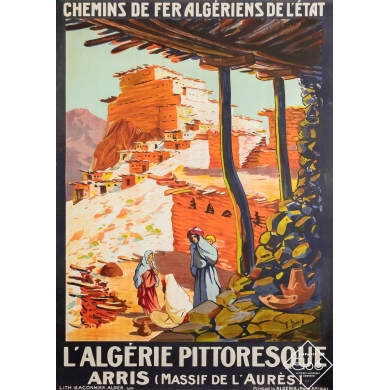 Affiche ancienne originale de voyage - L’Algérie pittoresque - Arris - Massif de l’Aurès - E. Herzig - 104 par 74 cm