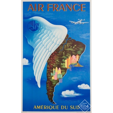 Original vintage travel poster Air France South America - Lucien Boucher - 38.98 by 24.41 inches