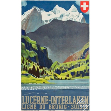 Affiche ancienne originale de voyage - Lucerne - Interlaken - Suisse - Circa 1950 - 100.5 par 62.5 cm