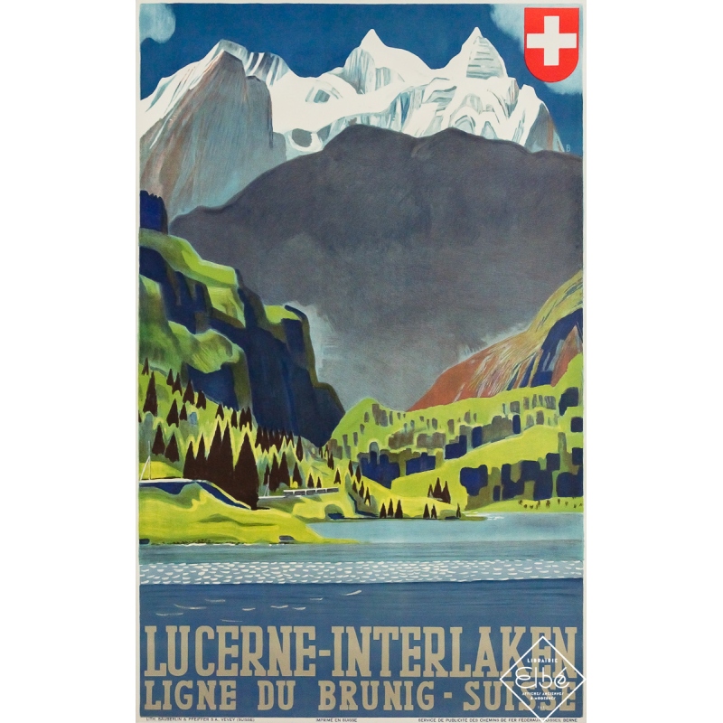 Original vintage travel poster Lucerne - Interlaken - Switzerland - Circa 1950 - 39.57 by 24.61 inches