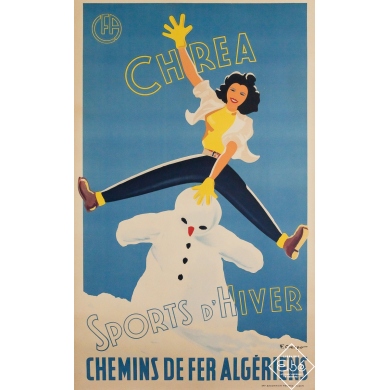 Affiche ancienne originale de voyage - Chrea - Sports d’hiver - Algérie  - F. Crespo  - Circa 1950 - 100 par 63 cm