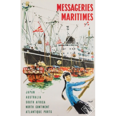 Original vintage poster Messageries Maritimes - Japan Australia South Africa - Albert Brenet - Circa 1950 - 39.37 by 25.59 "