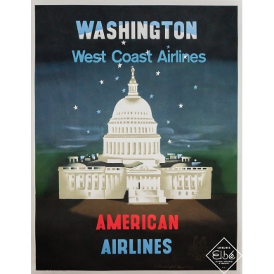Affiche ancienne originale de voyage - Washington American Airlines - E. McKnight Kauffer - Circa 1950 - 101 par 77 cm