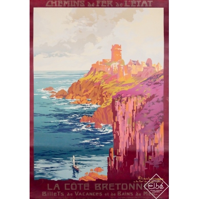 Affiche ancienne originale de voyage - La côte bretonne - Le Fort La Latte - Julien Lacaze - 105 par 73.5 cm