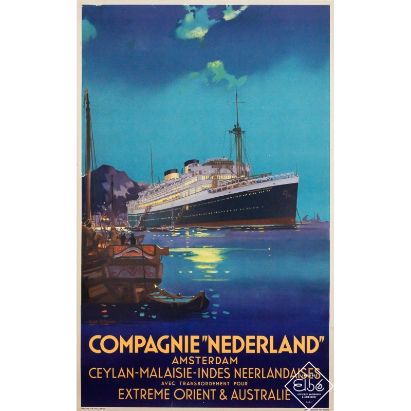 Affiche ancienne originale de voyage - Compagnie Nederland - Extrême Orient - Frank H. Mason - Circa 1930 - 102.5 par 64 cm