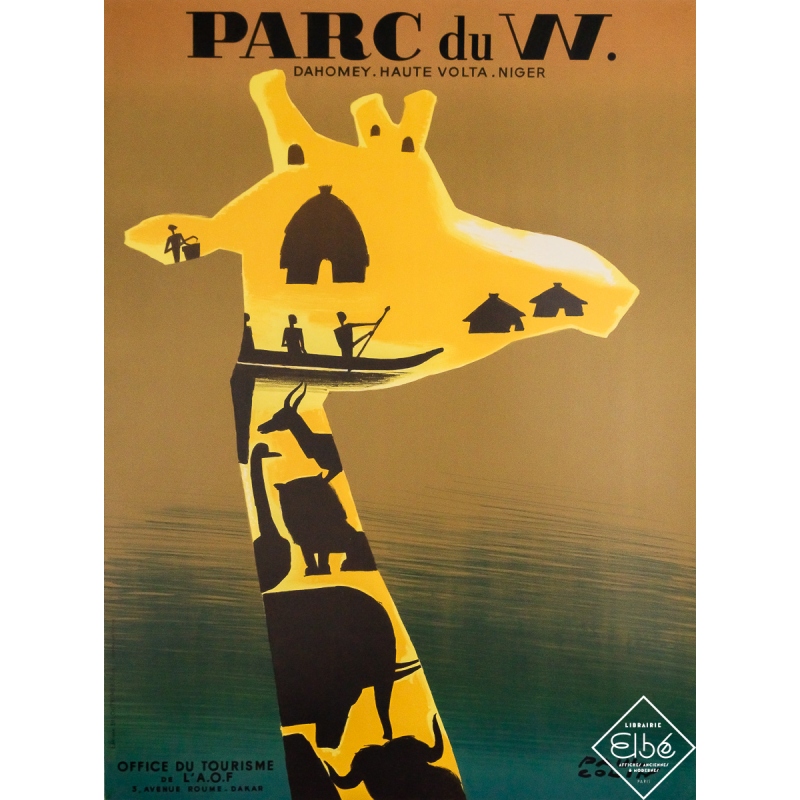 Affiche ancienne originale de voyage - Parc du W Dahomey-Haute Volta-Niger - Paul Colin - Circa 1950 - 85 par 63 cm