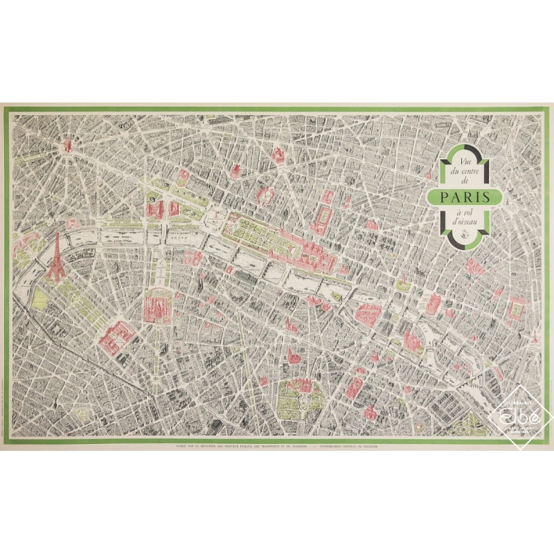 Original vintage travel poster Vue du centre de Paris à vol d’oiseau - Blondel la Rougery - Circa 1950 - 28.35 by 44.49 inches
