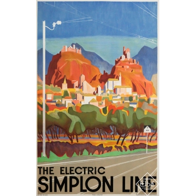 Affiche ancienne originale de voyage - The electric Simplon line  - Circa 1950 - 103 par 64 cm