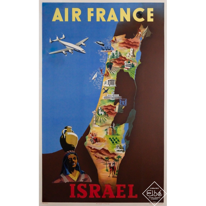 Affiche ancienne originale de voyage - Air France Israël  - Renluc - 99.5 par 62.5 cm