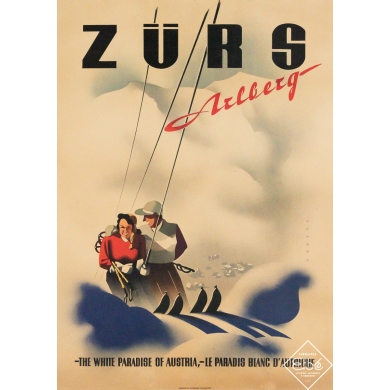 Affiche ancienne originale de voyage - Zürs - Arlberg - Austria - Autriche - J. Hofer - Circa 1950 - 69 par 49.5 cm