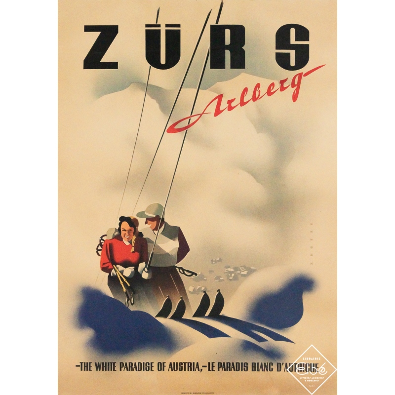 Affiche ancienne originale de voyage - Zürs - Arlberg - Austria - Autriche - J. Hofer - Circa 1950 - 69 par 49.5 cm Affiche ancienne originale de voyage - Zürs - Arlberg - Austria - Autriche - J. Hofer - Circa 1950 - 69 par 49.5 cm