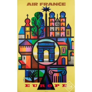 Affiche ancienne originale de voyage - Air France Europe - Nathan - 100 par 62 cm