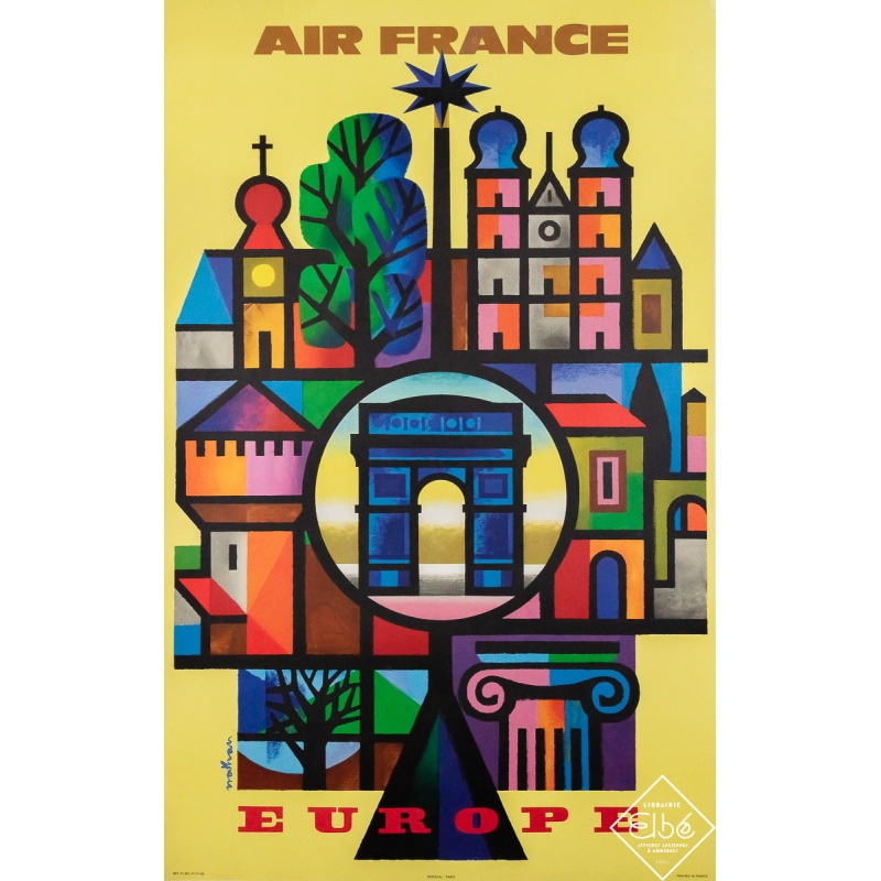 Original vintage travel poster Air France Europe - Nathan - 39.37 by 24.41 inches