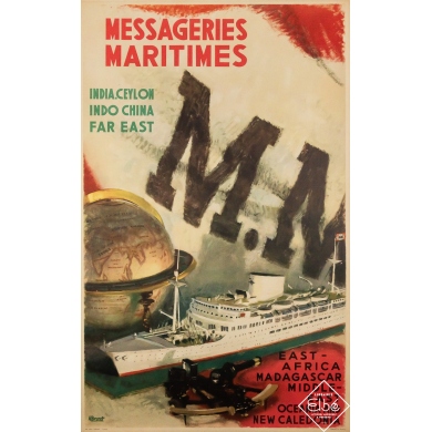 Affiche ancienne originale de voyage - Messageries Maritimes  - A. Brenet - Circa 1950 - 100 par 62.5 cm