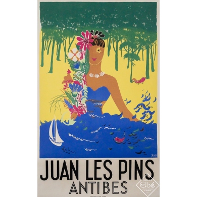 Affiche ancienne originale de voyage - Juan-les-Pins Antibes - Gisèle Fèvre - Circa 1950 - 99.5 par 61.5 cm