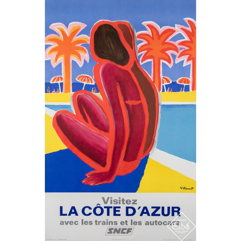 Original vintage travel poster Visitez la côte d’Azur - Bernard Villemot - 39.17 by 24.61 inches