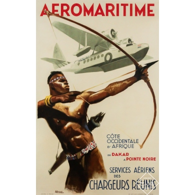 Affiche ancienne originale de voyage - Aéromaritime Afrique Chargeurs réunis - A. Brenet - Circa 1950 - 98.5 par 62 cm
