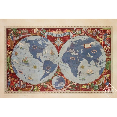 Original vintage travel poster Planisphère Air France - Lucien Boucher - 27.76 by 40.75 inches