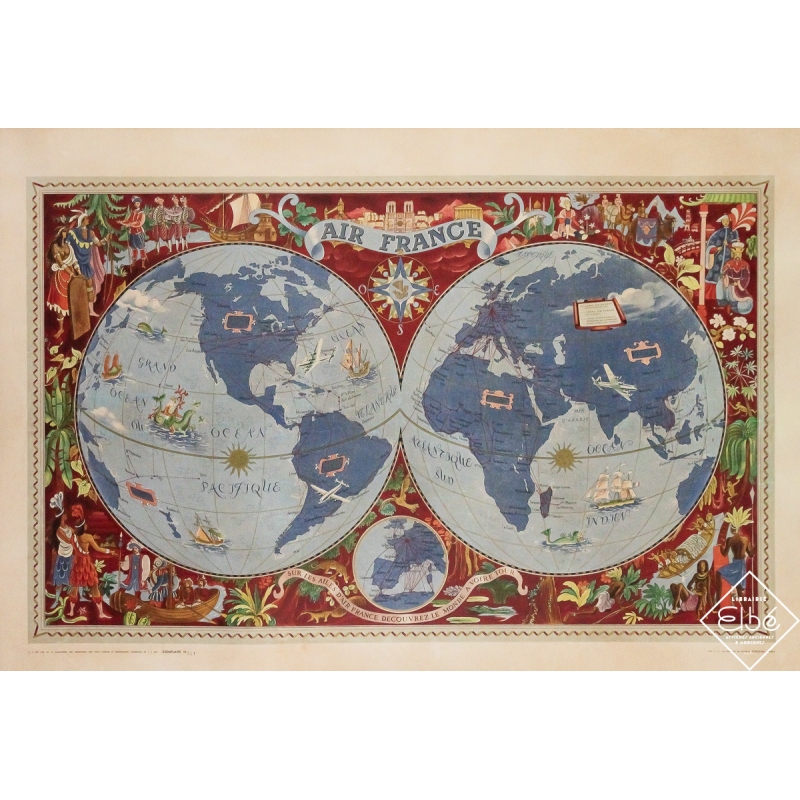 Affiche ancienne originale de voyage - Planisphère Air France - Lucien Boucher - 70.5 par 103.5 cm