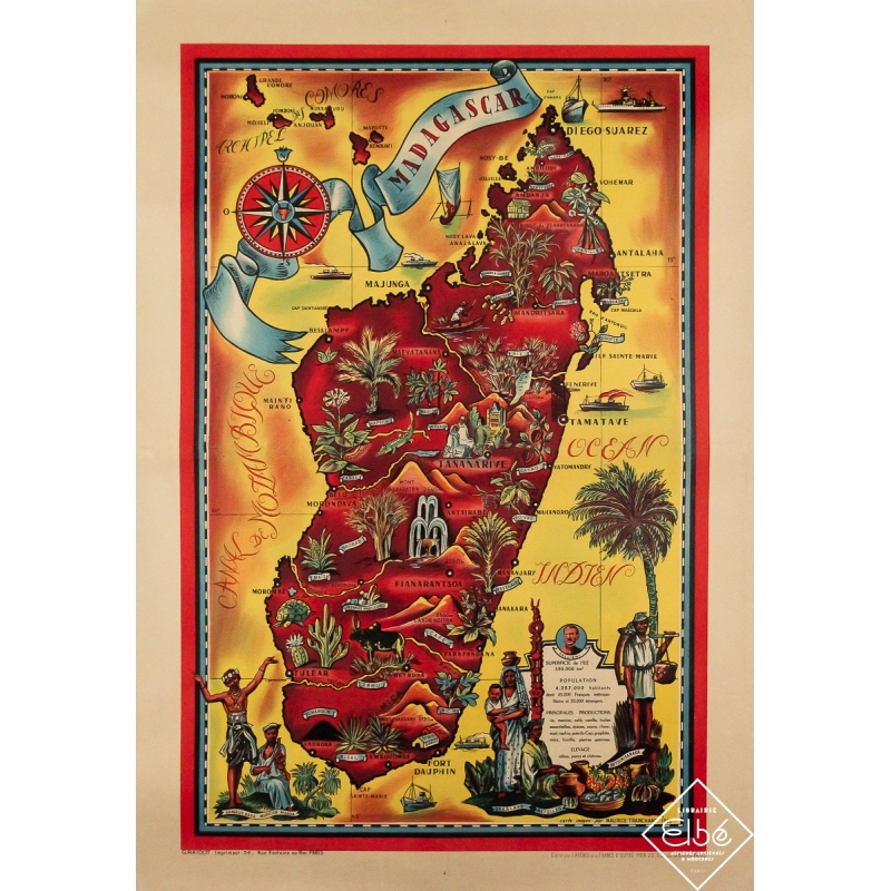 Affiche ancienne originale de voyage - Madagascar - Maurice Tranchant - 115 par 79.5 cm