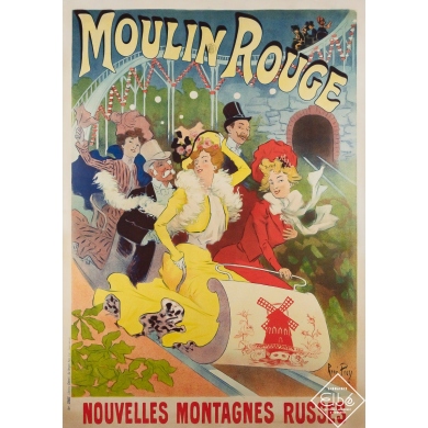 Original vintage advertising poster Moulin Rouge - Nouvelles montagnes russes - René Péan - 49.21 by 34.65 inches