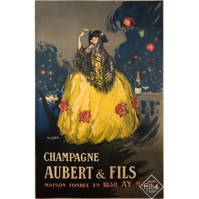 Original vintage advertising poster Champagne Aubert et fils - Marcel Bloch - Circa 1920 - 45.67 by 29.53 inches