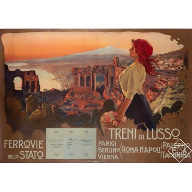 Affiche ancienne originale de voyage - Treni di Lusso - Sicile - Mario Borgoni - 97.5 par 138.5 cm