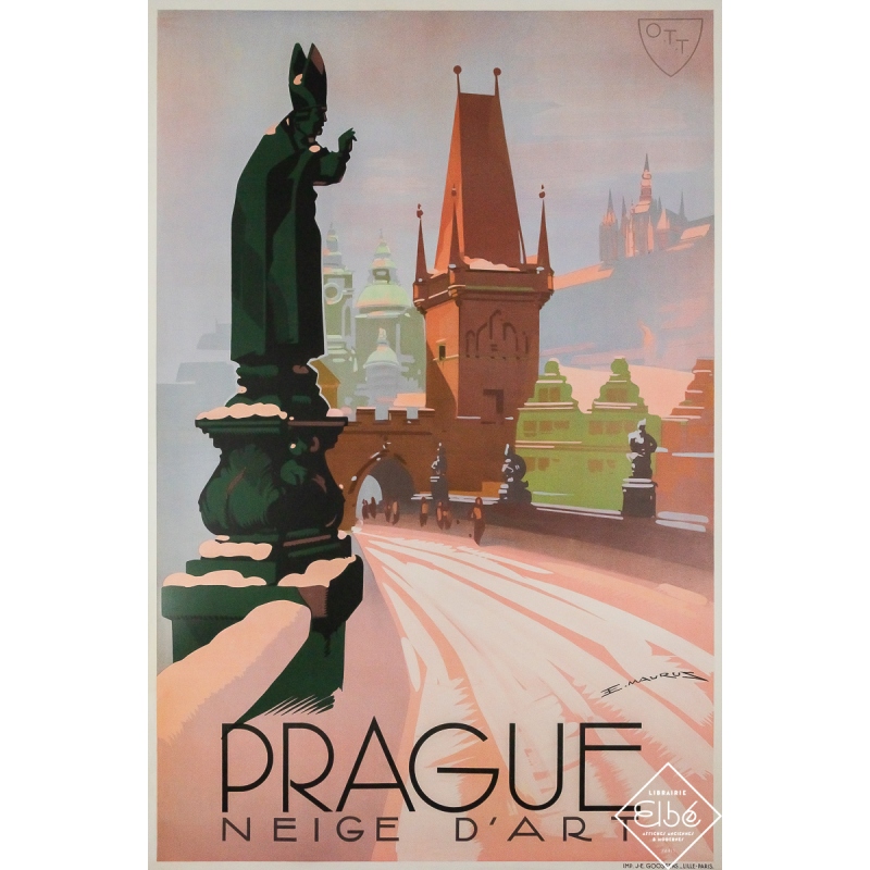 Affiche ancienne originale de voyage - Prague Neige d’art - Edmond Maurus - Circa 1935 - 152 par 100 cm