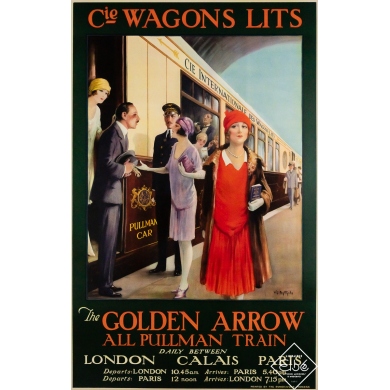Affiche ancienne originale de voyage - The Golden Arrow Cie Wagons Lits - William Spencer Bagdatopoulos - 101 par 64 cm