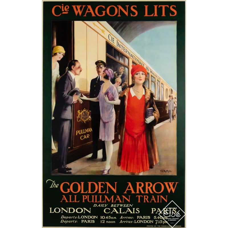 Original vintage travel poster The Golden Arrow Cie Wagons Lits - William Spencer Bagdatopoulos - 39.76 by 25.2 inches Original vintage travel poster The Golden Arrow Cie Wagons Lits - William Spencer Bagdatopoulos - 39.76 by 25.2 inches