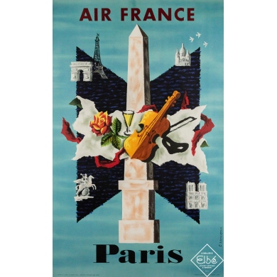 Affiche ancienne originale de voyage - Air France Paris - E. Lancaster - 100 par 63 cm