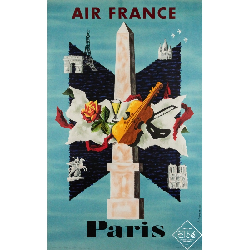 Original vintage travel poster Air France Paris - E. Lancaster - 39.37 by 24.8 inches