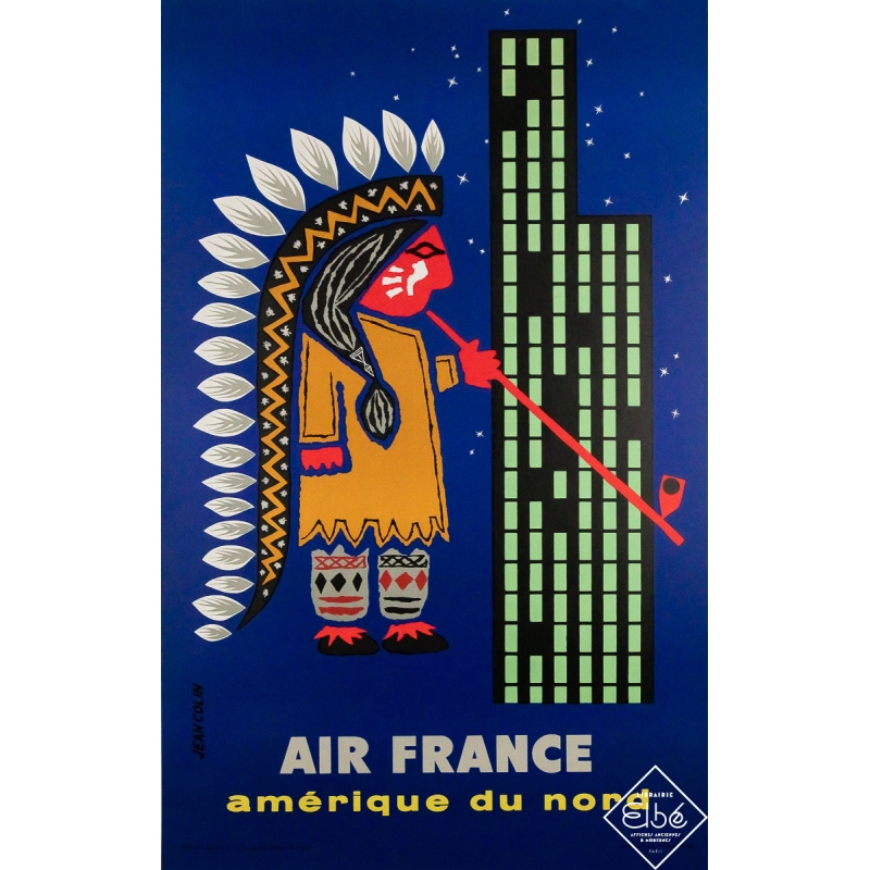 Affiche ancienne originale de voyage - Air France Amérique du nord - Jean Colin - 99 par 62 cm