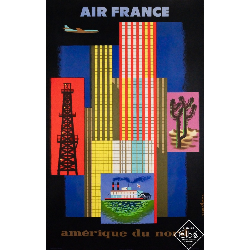 Affiche ancienne originale de voyage - Air France Amérique du Nord  - Nathan  - 100 par 63 cm