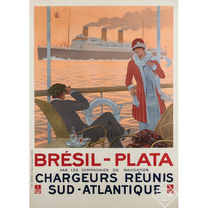 Affiche ancienne originale de voyage - Brésil Plata - Chargeurs réunis Sud Atlantique - Sandy Hook - Circa 1925 - 105 par 76 cm Affiche ancienne originale de voyage - Brésil Plata - Chargeurs réunis Sud Atlantique - Sandy Hook - Circa 1925 - 105 par 76 cm