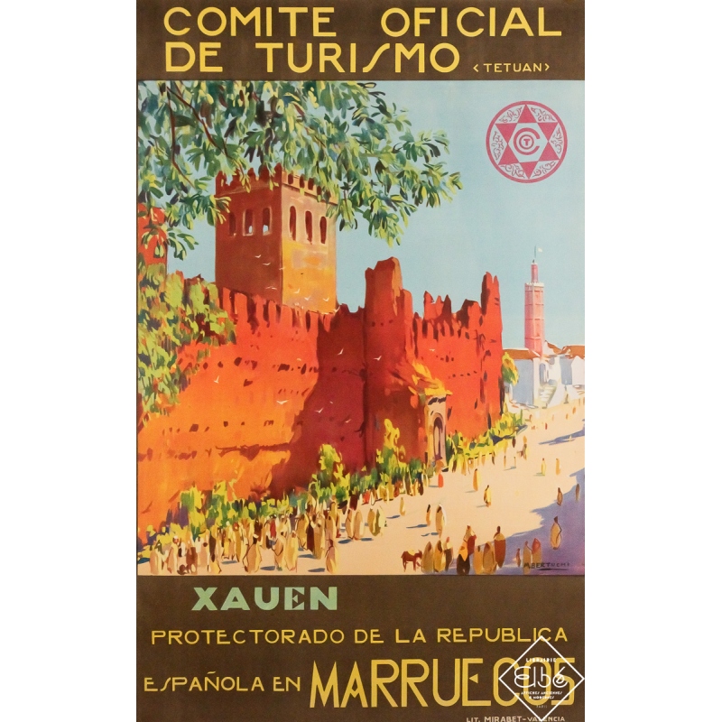 Affiche ancienne originale de voyage - Xauen - Maroc - Mario Bertuchi - Circa 1925 - 101 par 63 cm