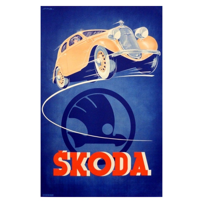 Original Czech poster signed by Kar - Advertising for Skoda -  Circa 1930